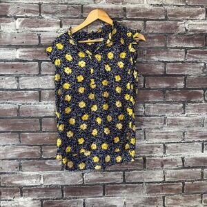 LOFT Floral Blouse Women Size Small Navy Yellow Flower Ruffle Sleeve Top